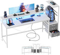 Mericonia Gaming Desk with Power Outlets & LED Lights, Reversible Computer Desk with PC Case Stand, Fabric Drawers, Modern Office Desk with Shelves, Monitor Stand