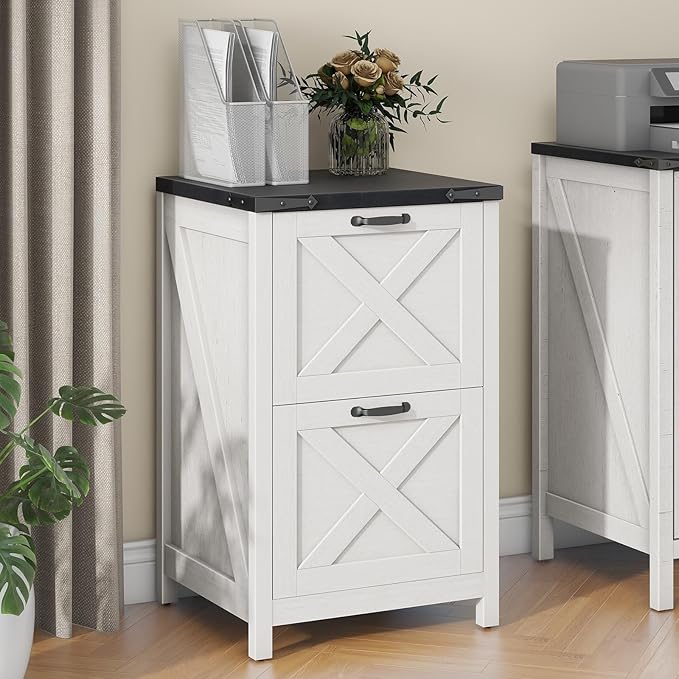 Vabches Vertical File Cabinet with 2 Drawers, Wooden Farmhouse Filing Cabinet for Letter/A4 Size Hanging Files, Under Desk Printer Stand with Storage for Home Office, White and Black