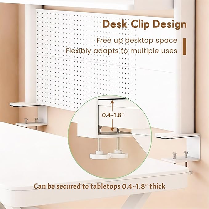 Clamp On Desk Shelf Organizer with Pegboard Desk Hutch Dorm with Storage Bookshelf Desk Top Organizer Shelf Multi-Purpose White & Black Desktop Shelves & Office Shelves(White, W - 39.4")