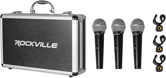 Rockville RMC-3PK Dynamic Microphones 3 Pack, Uni-Directional, Metal Build, XLR, Clear Sound, Low Background Noise, Durable Case, for Vocals, Instruments, DJs