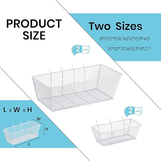 Sieral 4 Pcs Pegboard Baskets Metal Wire Shelf Baskets Peg Board Organizer Accessories Wall Mount Organizer Attachments for Garage Workbench Various Tool Accessories, 2 Sizes (White,Small, Large)