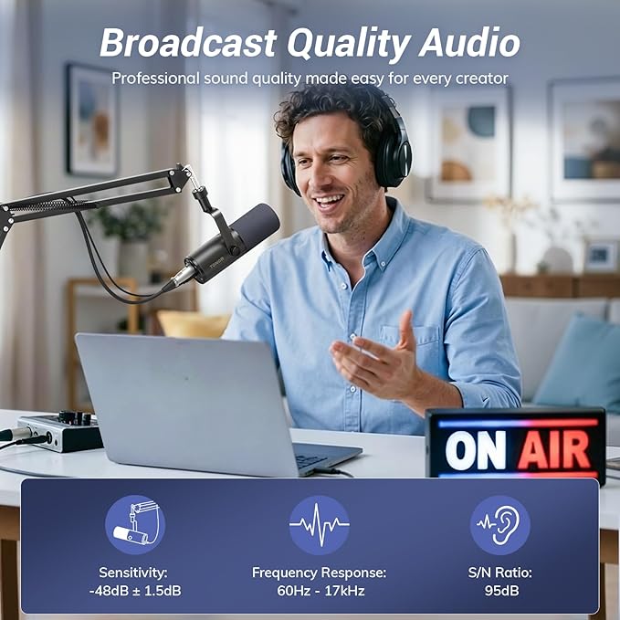 TONOR Dynamic Podcast Microphone for Studio, Cardioid XLR/USB Mic, AI Noise Cancellation, Tap Mute, 3.5mm Headphone Jack for Monitoring, Volume Control, Microfono with Boom Arm, Black, TD510 AIR H+