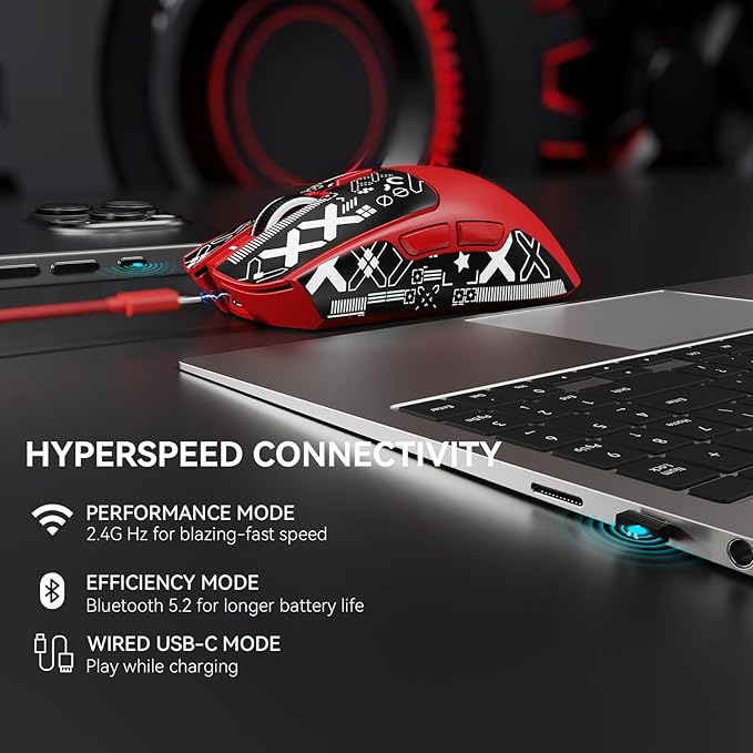 X1 Superlight Wireless Gaming Mouse with RGB Magnetic Charging Dock, BT/2.4G Wireless/Wired Gaming Mouse, PAW3395PRO Gaming Sensor, 40000DPI, Tape, 53g Office Mice for PC/Mac/Win/Xbox (Red)