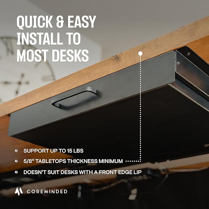 COREMINDED Storage Drawer - Carbon Steel Underdesk Drawer Slide Out, 17.7 x 12 x 4 in, Matte Black - Premium Quality, Ergonomic Organization, Cable Management, Versatile Sizes, Luxe Extras