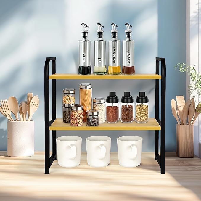 Desktop Shelf Organizer Office Desk Shelf for Top of Desk Wood & Metal Bookshelf Supplies Storage Rack (Black&Walnut)