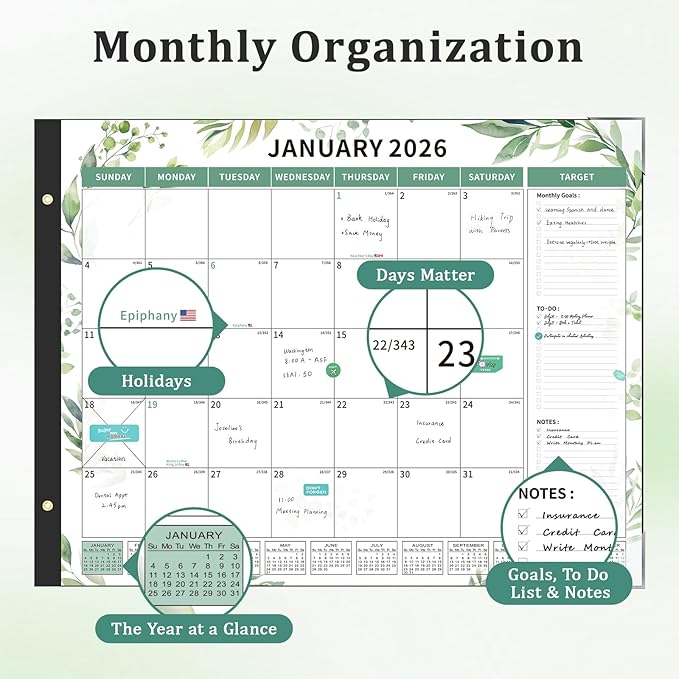 Ospelelf Desk Calendar 2026-2027 Large 22"x17" Monthly Family Planner Pad with Protective Cover 18 Months January 2026 - June 2027 Floral Green