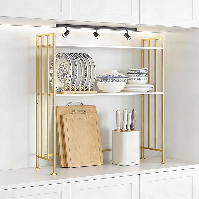Adjustable Desk Hutch Dorm 2-Tier Rust-Proof Iron Desk with Hutch & Desk Shelf for Top of Desk | Multi-Surface Organizer for Office, Kitchen（Gold）