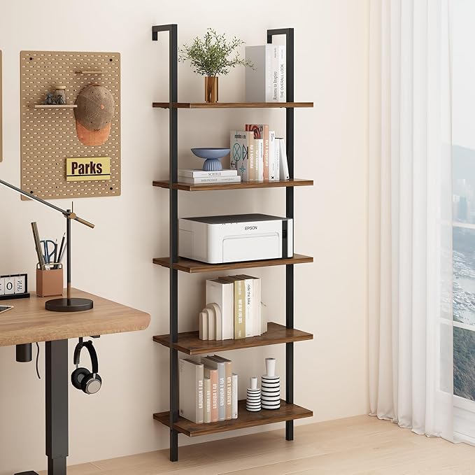Karl home Ladder Shelf 5 Tier Wall Mounted Bookcase with Metal Frame,Open Design Shelves for Living Room,Bedroom,Home,Office,Rustic Brown (23.6" L x 11.8" W x 70.9" H)