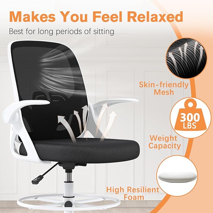 ORRSAKER Drafting Chair Tall Office Chair for Standing Desk, Breathable Mesh Ergonomic Computer Desk Chair with Flip-Up Armrests, Adjustable Lumbar Support and Footrest Ring,300 LBS，White