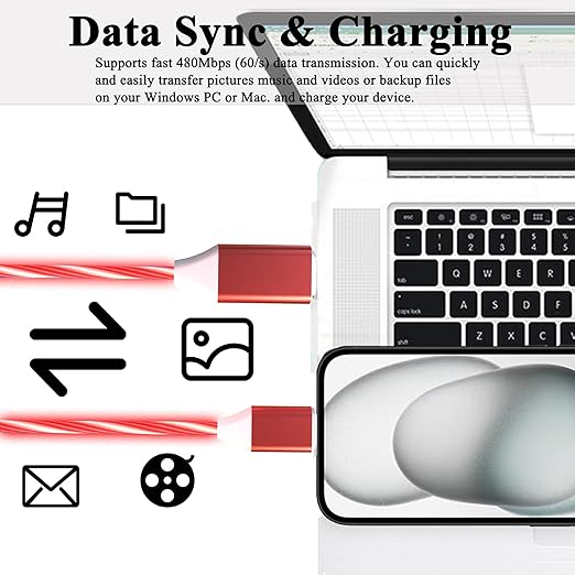 USB C to USB C Cable 3A Light Up C to C Cable LED C to Type C Fast Charging Cord for Samsung Galaxy S23 S22 S21 S20 Ultra, i-Phone 15 Pro Max Plus, iPad mini Pro Air(6.6FT,Red)