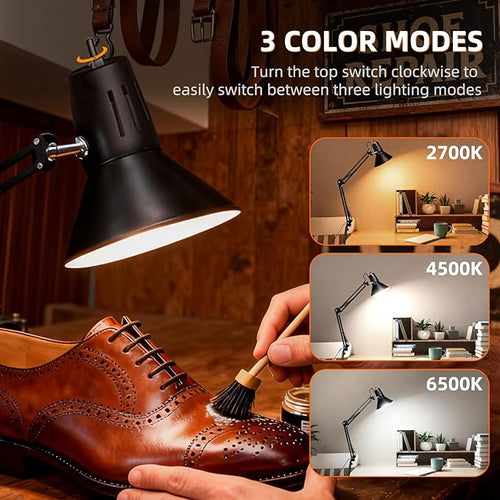 2 Pack LED Desk Lamp Dimmable with Clamp, Eye-Caring Clip on Lights for Home Office, 3 Adjustable Color Temperature, Extra Tall Metal Swing Arm, High Intensity Clamp w/A19 E26 Bulb for Working Reading