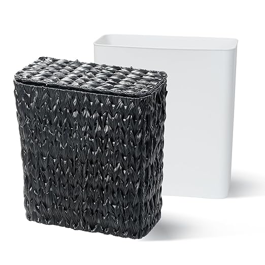 Coeusy Black Wicker Trash Can with Lid and Liner,Waterproof Narrow Waste Basket for Bathroom,Bedroom,Office,3 Gallon