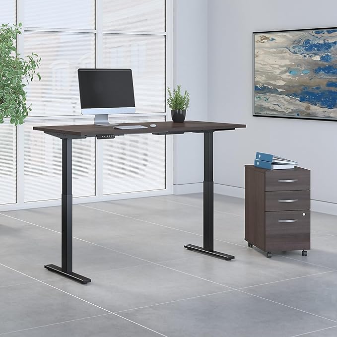 Move 60 Series by Bush Business Furniture 60W x 30D Height Adjustable Standing Desk with Storage in Storm Gray with Black Base