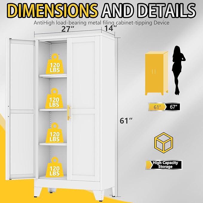PAOFIN 61" Metal Storage Cabinet with 2 Doors and 3 Adjustable Shelves,White Metal Garage Storage Cabinets, File Cabinet,Steel Tool Cabinets for Home,Office,Garage,School,Warehouse