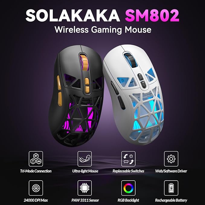CORBOBO SOLAKAKA SM802 Wireless Gaming Mouse,24,000 DPI Max,Tri-Mode 2.4GHz/BT/Wired USB Rechargeable Gamer Mouse with RGB,Programmable Macro Buttons,68g Lightweight Computer Mouse for Laptop/PC/Mac