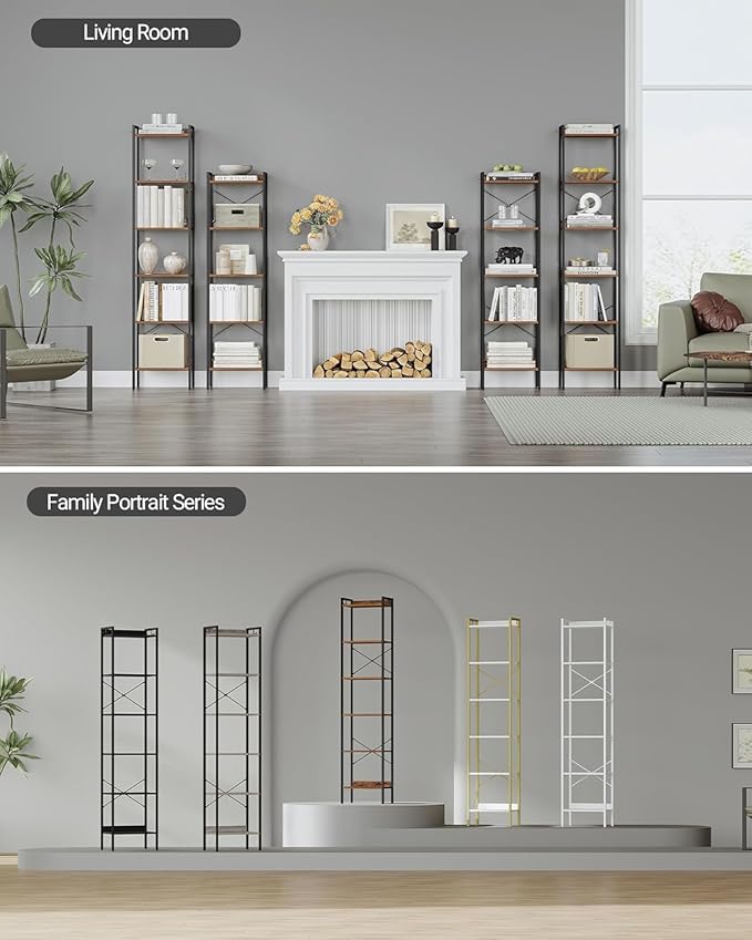 Hzuaneri Bookshelf, Book Shelf, Industrial Bookcase with 2 Hooks, Coner Shelf Storage Organizer for Home Office, Living Room, Bedroom, Kitchen, 6-Tier Rustic Brown BC10701B