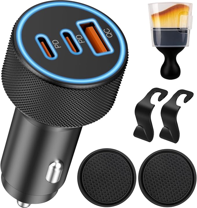 USB C Car Charger, 3-Port 142.5W Dual USB-C & USB-A Car Power Adapter PD/QC Fast Charging Cigarette Lighter for iPhone 17/16/15, iPad, MacBook Pro/Air, Samsung Galaxy S25 S24, Pixel, Android