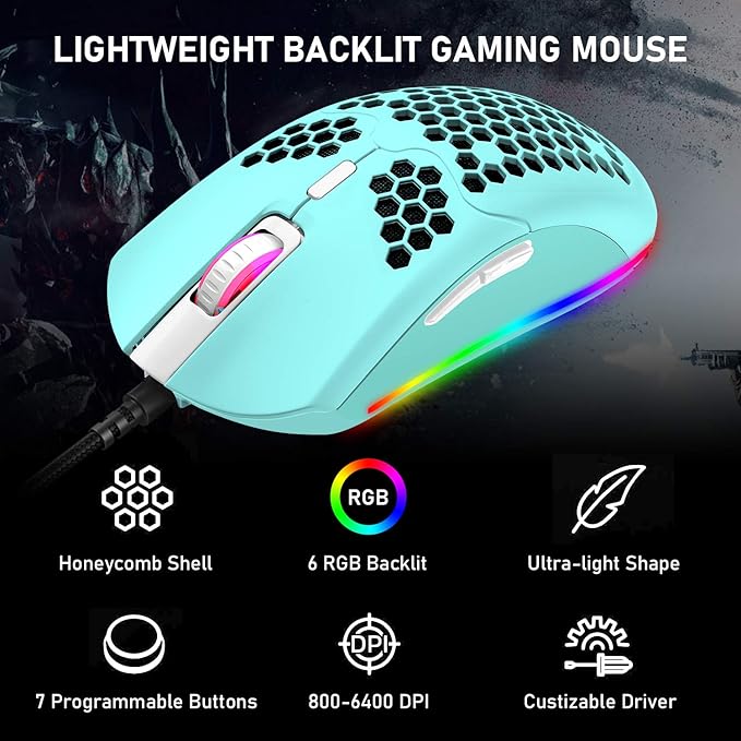 ZIYOU LANG Wired Lightweight Gaming Mouse,6 RGB Backlit Mouse with 7 Buttons Programmable Driver,6400DPI Computer Mouse,Ultralight Honeycomb Shell Ultraweave Cable for PC Gamers,PS4(Green)