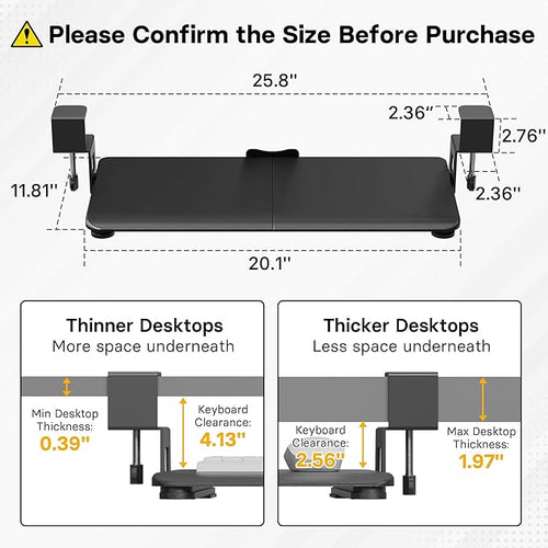 BONTEC KMT01-PJ Under Desk Keyboard Tray, Pull-Out Keyboard & Mouse Platform with C-Clamp, 20 x 11.8 in Space-Saving Ergonomic Slide-Out Drawer, Black