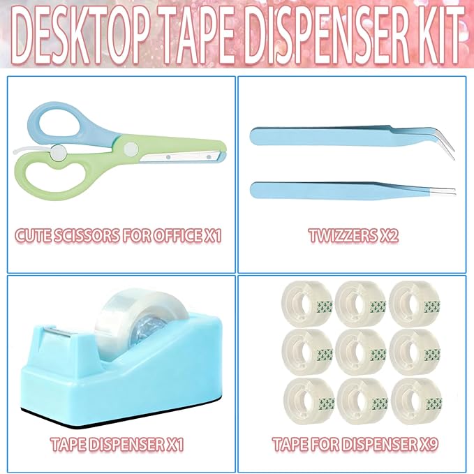 XEUZK Desktop Tape Dispenser Kits with Weighted Nonskid Base Tape Dispenser- Includes 9 Rolls of Transparent Tape(0.71 Inch x 500 inches Each) & Blue Scissors, 2 Pcs Tweezers (Lake Blue)