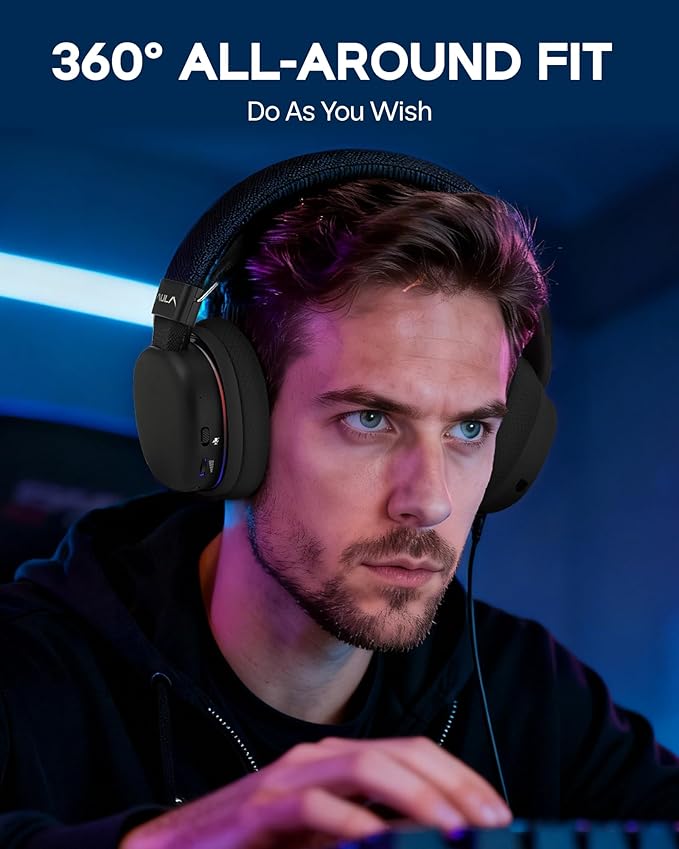 MechLands Aula G7 Wireless Gaming Headset for PS4/PS5/PC/Switch, Over-Ear Headphones with Detachable Noise Canceling Mic, RGB, Surround Sound, 60H Battery, 2.4GHz/BT/Wired (Black)