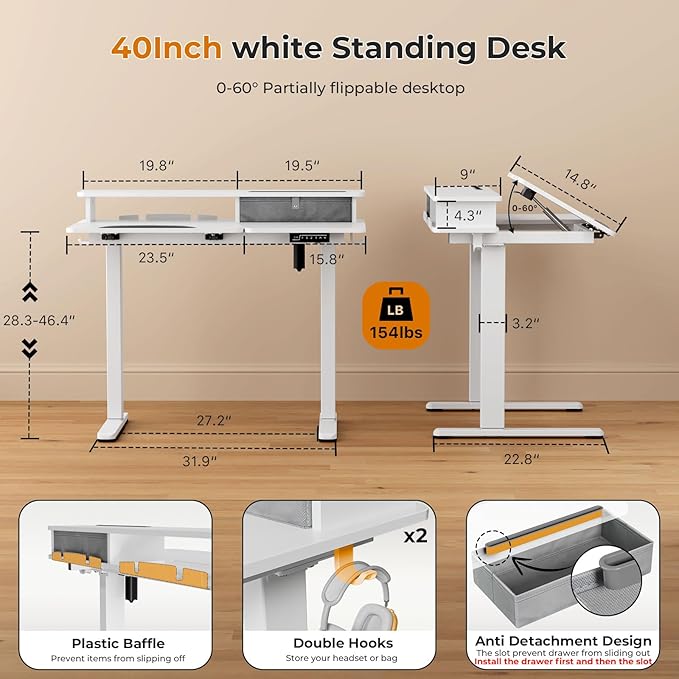 White Standing Desk，60° Tiltable Height Adjustable Electric Rising Desk，40Inch Foldable Mobile Laptop Table with Shelf,Monitor Stand, Drawer ,Flippable Drafting Workstation on Wheels for Kids’ Drawing