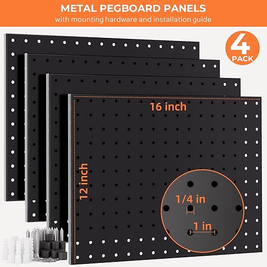INCLY 4 Pack Peg Board, 12"x16" Upgrade Heavy Duty Metal Pegboard Panels, Black Pegboard Wall Organizer, Peg Board Panels for Walls Home, Garage Tools Storage, Shed, Craft Room, Office, Kitchen