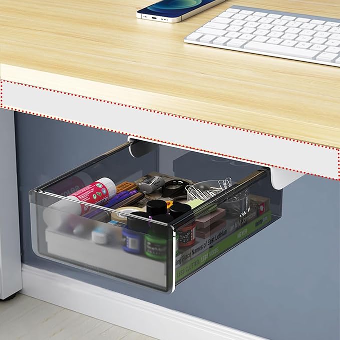 SVNNELP Upgrade Under Table Drawer with Lip, Office Attachable Plastic Desk Accessories & Workspace Organizers, Hidden Under Table Storage Organizer Pencil Tray Drawer Slide Out