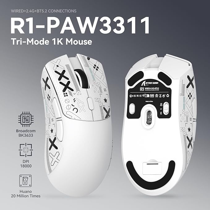 MAMBASNAKE Attack Shark R1 Wireless Gaming Mouse, PixArt PAW3311 Optical Sensor 18K DPI, 59g Lightweight 2.4Ghz/BT5.2/Wired Computer Mice with Programmable Buttons for PC/Laptop/Win/Mac - White&Tape