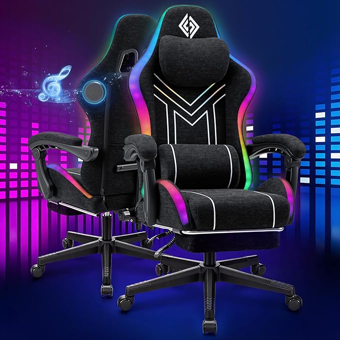 HOFFREE RGB Gaming Chair with Music Rhythm LED Lights and Bluetooth Speakers Fabric Ergonomic Game Chair 155° Reclining Computer Chair with Footrest Video Game Chairs for Adults Gaming & Office Black
