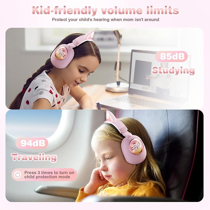 Xmenha Pink Cat Ear Headphones for Kids, Cute Children Girl Wireless Bluetooth Headphones for School, Kindergarten Light up Kawaii Kitty Noise Cancelling Headphones for Kids Teens Child Airplane