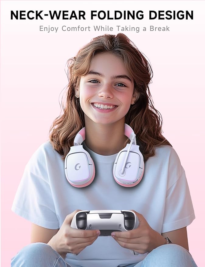 Gvyugke 2.4GHz Wireless Gaming Headsets for PS5, PS4, PC, Switch - Bluetooth 5.3 Gaming Headphones with Noise Canceling Mic, 7.1 Surround Sound, 70H Battery, RGB Lighting - Pink