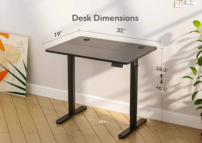 Claiks Electric Height Adjustable Stand Up Desk, 32x19 Inches Sit Stand Desk for Home Office, Black Top/Black Frame