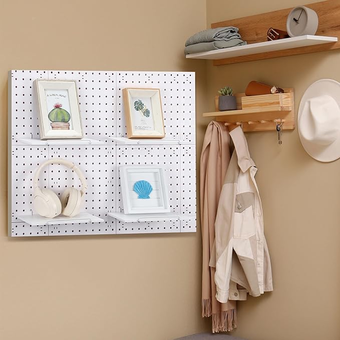 Wonderjune 4 Pcs Wooden Pegboard Shelves with Metal Pegboard Shelf Brackets Peg Board Display Storage Tray Wall Organizer Peg Board Accessories for Craft Room Home Kitchen(White,9.84 x 5 Inch)