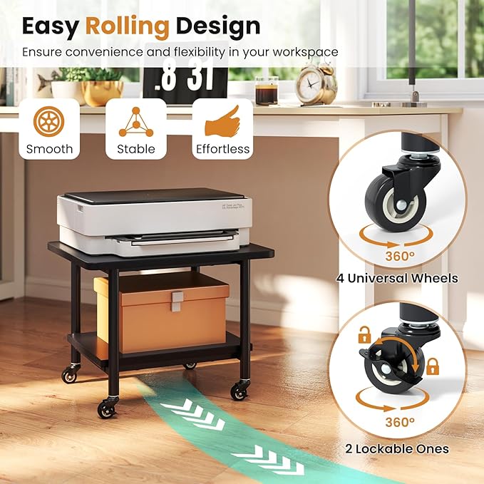 Giantex Under Desk Printer Stand, 2-Tier Mobile Printer Table with Storage Shelf, Lockable Wheels & Metal Frame, Rolling Printer Cart Holder, Storage Rack for Home Office Scanner Fax Machine (Black)