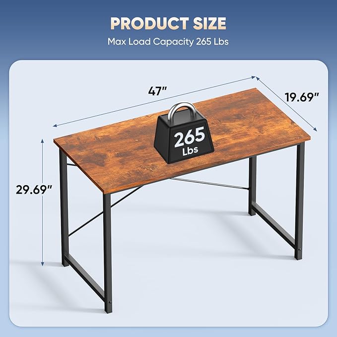 DUMOS 47 Inch Computer Desk for Home Office, Modern Writing Study Table Simple Modern Style for Bedroom Small Space, Large Work Desks with X-Shaped Reinforcement, Wood Brown