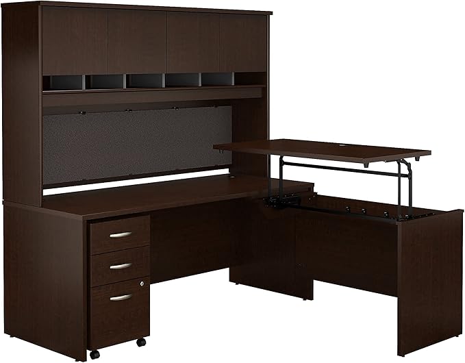 Bush Business Furniture Series C 72W x 30D 3 Position Sit to Stand L Shaped Desk with Hutch and Mobile File Cabinet in Mocha Cherry