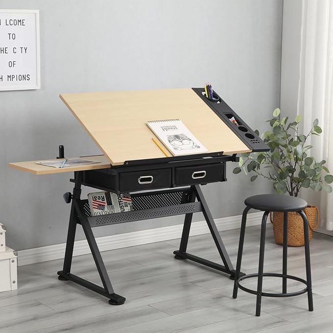 Drafting Table Art Table Adjustable Drawing Table Tilted Tabletop, Craft Table, with Storage Drawers and Stool, Crafting Desk with Storage for Painting Diamond Reading Writing Study (White B)