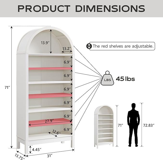 IFGET 71" Tall Arched Bookshelf, 7 Tiers Arch Bookcase with Storage, Modern Farmhouse Book Shelf with Adjustable Shelves, Wood Bookshelf w/Open Display Shelves for Living Room, Office (Antique White)