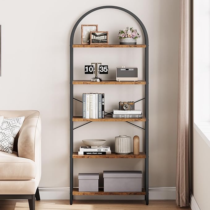 IDEALHOUSE Bookshelf 5 Tier Bookcase Arched Display Racks Tall Standing Bookshelves Metal Frame Modern Storage Rack Shelf Large Wood Book Shelf for Bedroom, Living Room, Home Office (Rustic Brown)