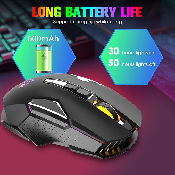 FELICON Wrieless Gaming Mouse, Silent Rechargeable Optical Sensor 3 Level DPI Computer Mice, Computer Wrieless Mouse with 7 Color LED Light for Windows/Mac/Linux/PC/Laptop(Black)