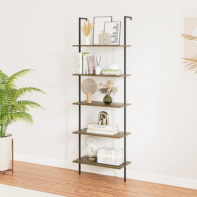 Wolawu 5 Tiers Ladder Shelf Brown Modern Bookshelf Open Tall Wall Mount Bookcase Standing Leaning Wall Shelves Industrial Decorative Living Room Bed Room