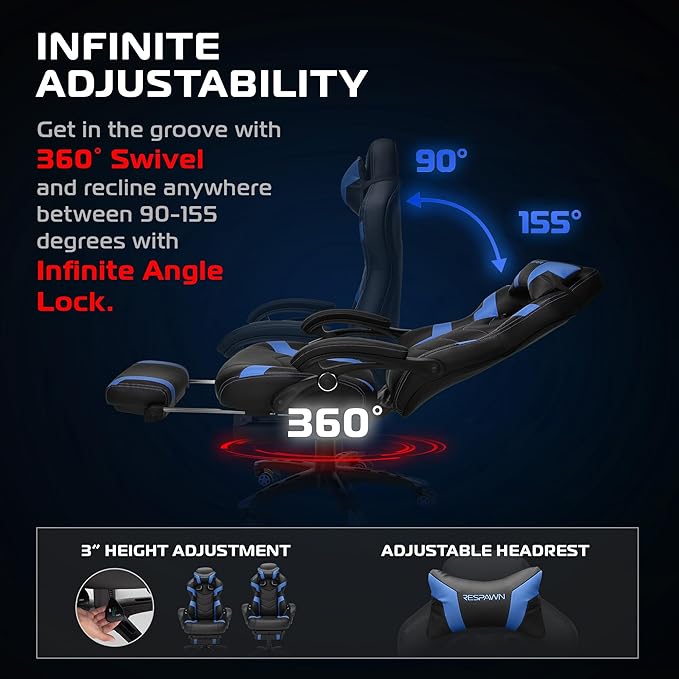 RESPAWN 110 Pro Ergonomic Gaming Chair with Footrest for Adults - Comfortable Office Gaming Recliner with Lumbar Support and Headrest, Racing Style Video Game Chairs for Computer Gamer - Blue