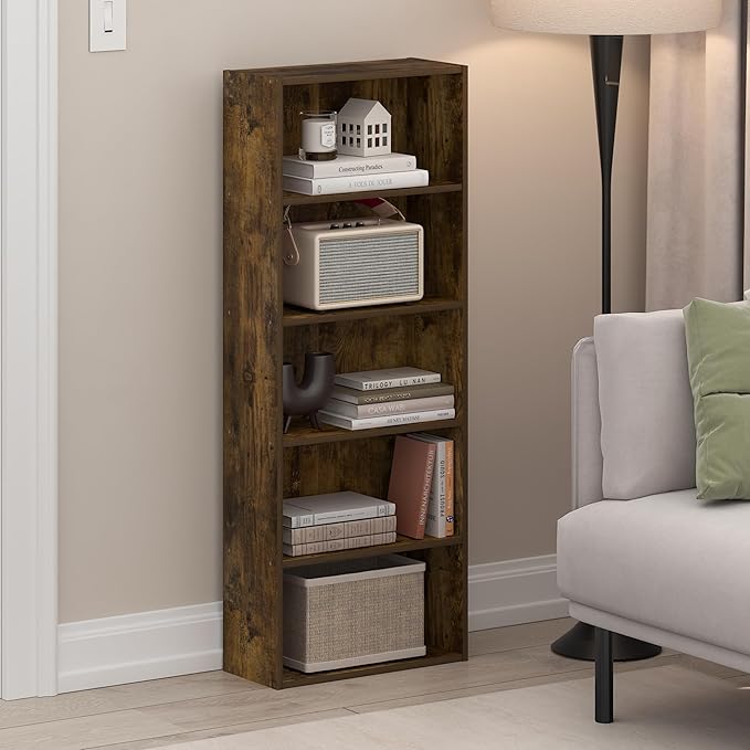 Furinno Basic Book Shelf, 5-Tier Bookshelf, Storage Organizer Bookcase with Open Shelf, 7 x 17 x 44, for Living Room, Bedroom, Home Office, Amber Pine