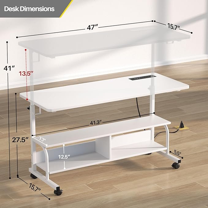 Armocity Rolling Standing Desk with Power Outlets, 47" Manual Height Adjustable Mobile Computer Desk with Wheels, Portable Sit Stand Laptop Couch Table for Bed & Sofa Home Office, Whtie