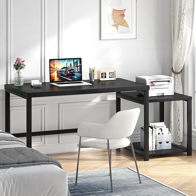 FOLUBAN Large Home Office Desk, Black Computer Desk with Storage Shelves, Modern Wood Writing Study Gaming Table for Bedroom Living Room, 63 Inch