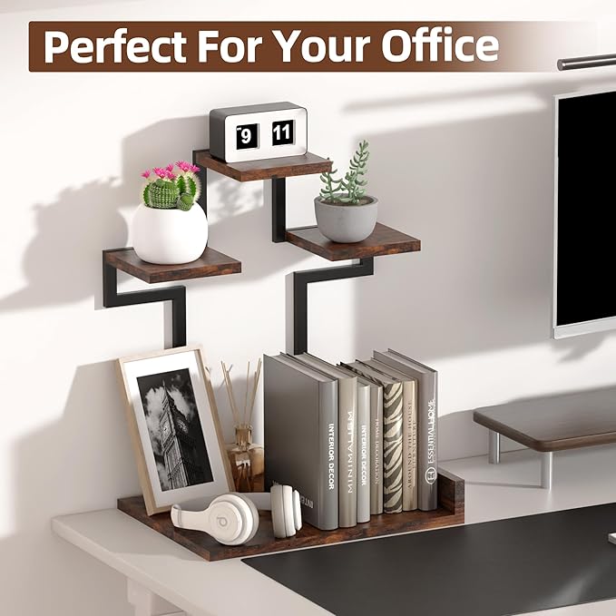 Desk Shelf Organizer, 4 Tier Small Desk Organizer, Wooden Desktop Shelf with Metal Frame, Bookshelf for Office, Kitchen, Books, Plants, Toys, Rustic Brown Black