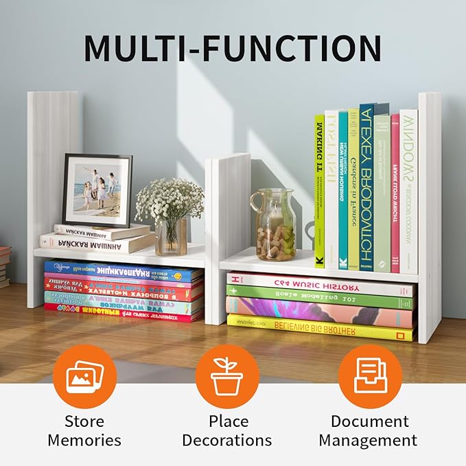 JLD Wood Adjustable 5-Shelf Desktop Bookshelf, Expandable Office Storage Rack, White