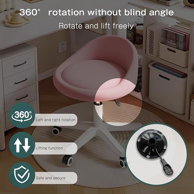 Swivel Rolling Stool with Wheels, Height Adjustable PU Leather Drafting Chair, Round Seat for Salon, Spa, Tattoo, Office, Home Use Pink Set of 2