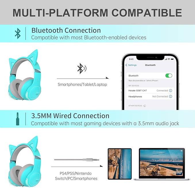 Edifier G5BT CAT Wireless Bluetooth Gaming Headset with Mic, Wired Cat Ear Headphones, Over Ear Headphones with Detachable Cat Ear, RGB Light, for PC, PS5, PS4, Nintendo Switch (Turquoise)